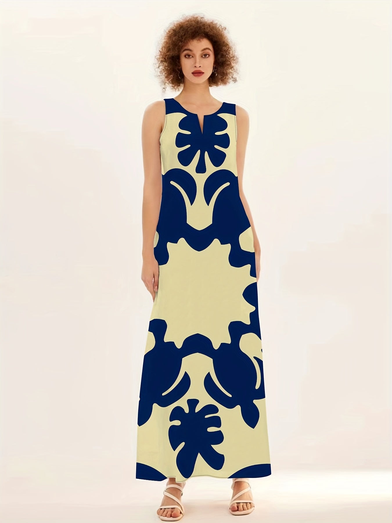 Maxi abito boho da donna - Abito floreale senza maniche con scollo a V