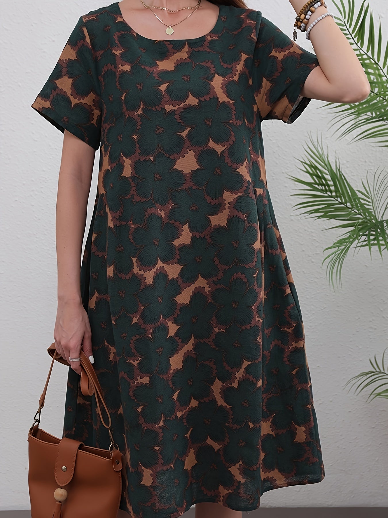 Abito floreale in lino da donna - lunghezza al ginocchio, scollo rotondo, maniche corte, tasche e perfetto per la primavera