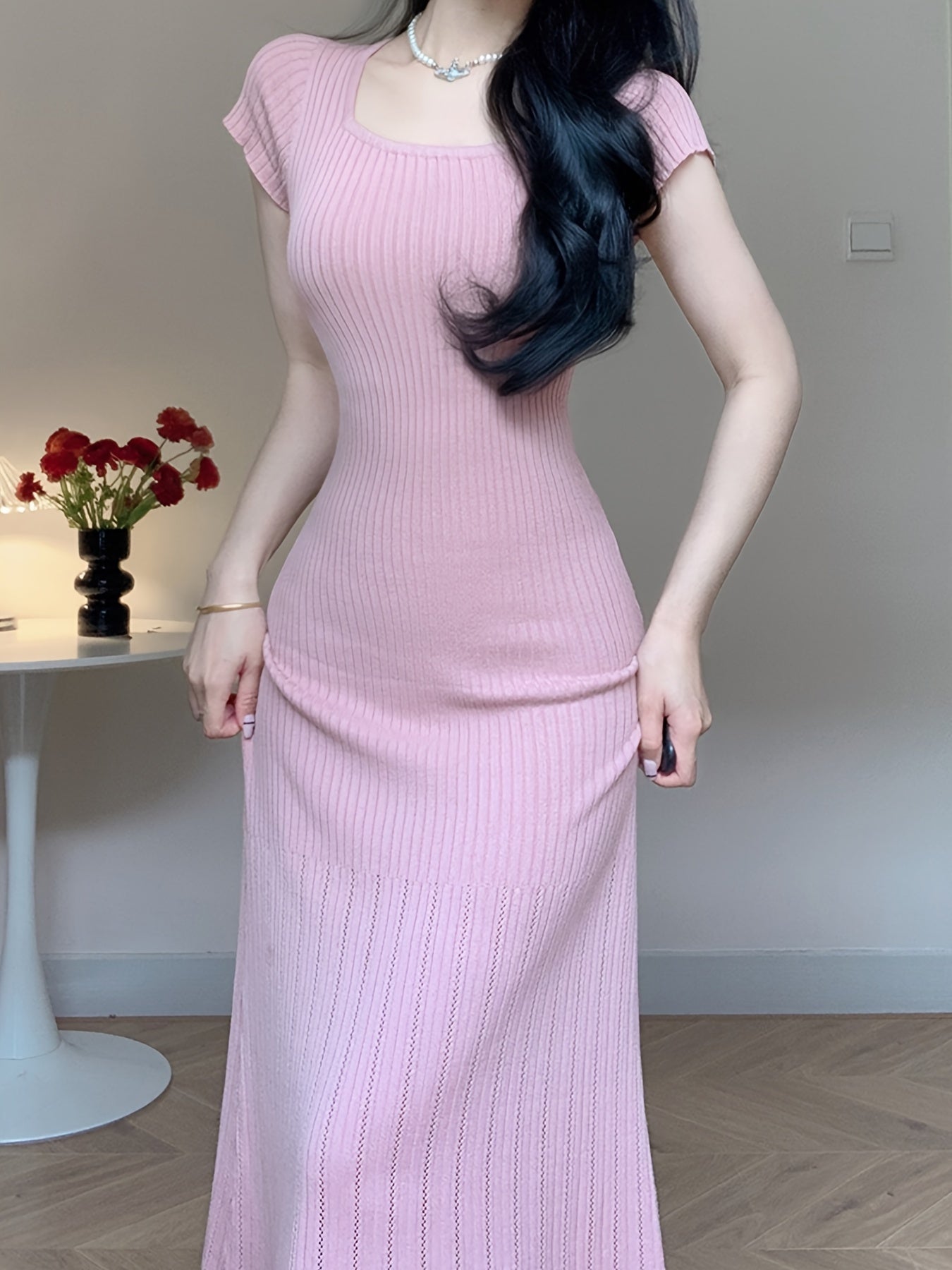 Abito estivo Scollo quadrato Linea A manica corta Elegante e arioso