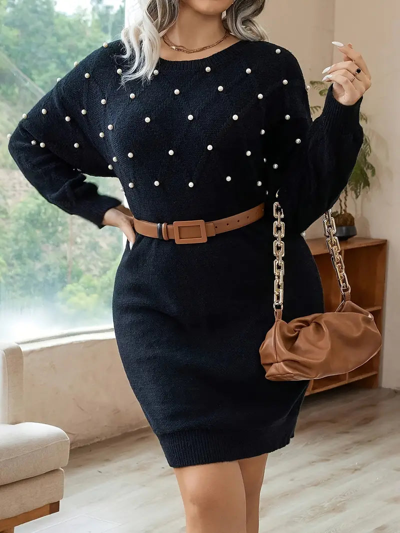 Abito in maglia monocolore con perle, eleganti maniche lunghe