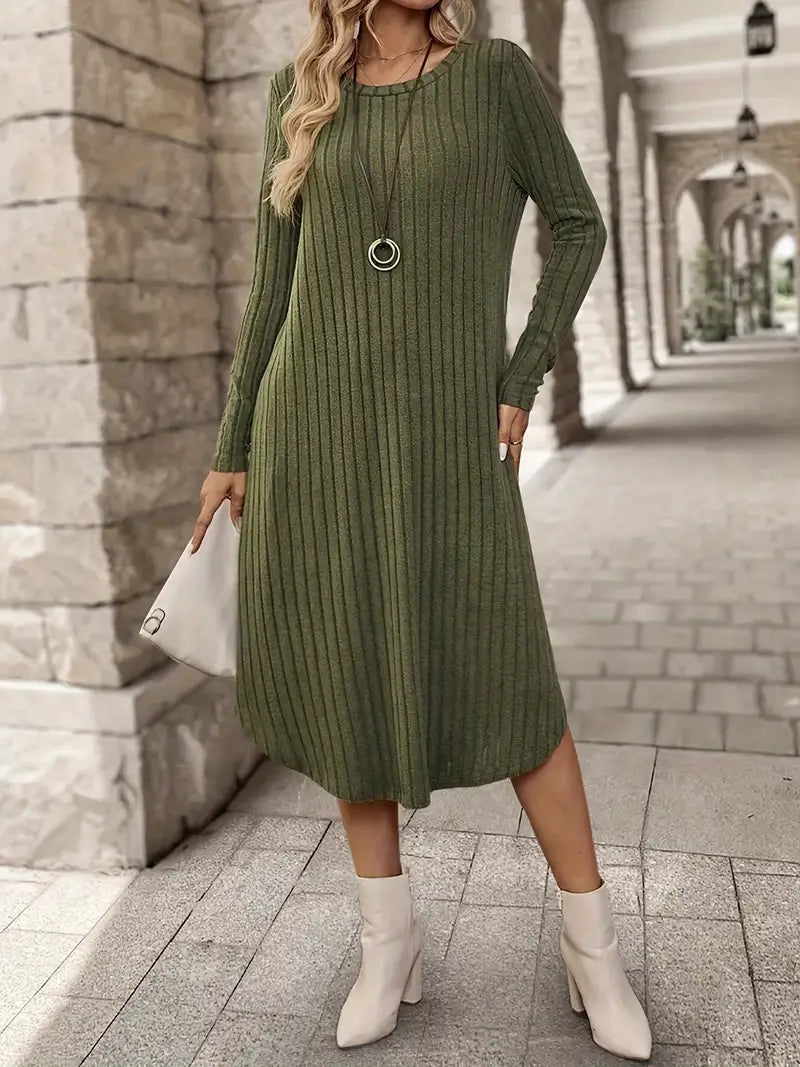 Abito midi chic a maniche lunghe da donna - maglia a coste