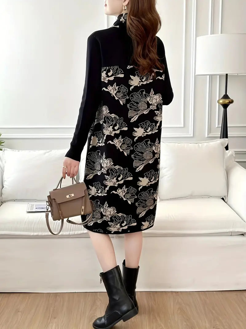 Abito elegante a maniche lunghe in jacquard con motivo floreale per donna