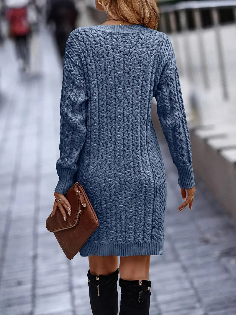 Abito in maglia a tinta unita, elegante abito in maglia a maniche lunghe con scollo a V e spacco