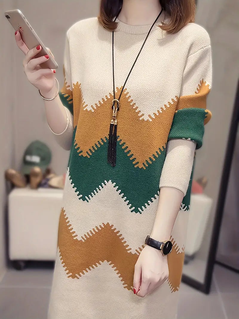 Abito a maniche lunghe con motivo a righe, scollo rotondo casual e color block