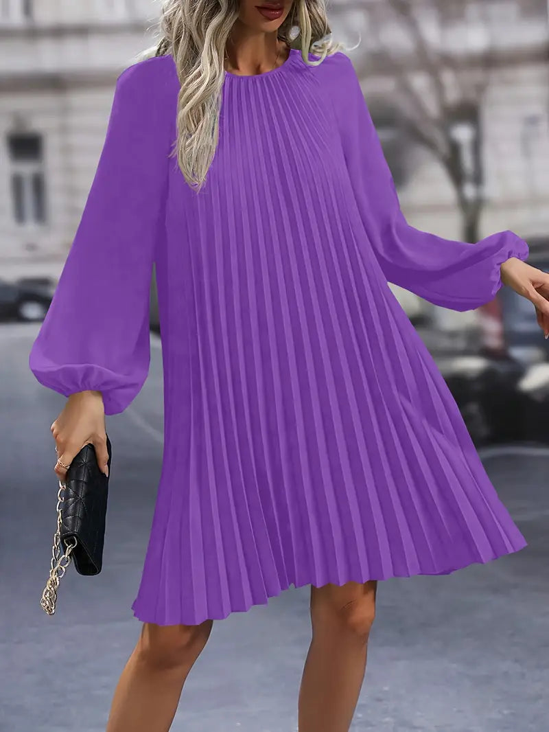 Abito midi chic con scollo rotondo e maniche a lanterna per tutta la stagione