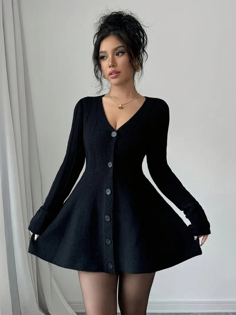 Abito invernale da donna in maglia - Nero elegante con scollo a V