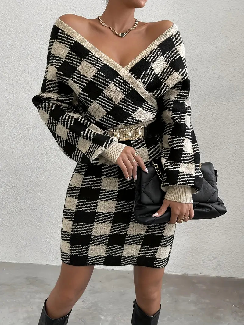 Elegante abito in maglia con motivo a quadri bicolore - Scollo a V, maniche lunghe