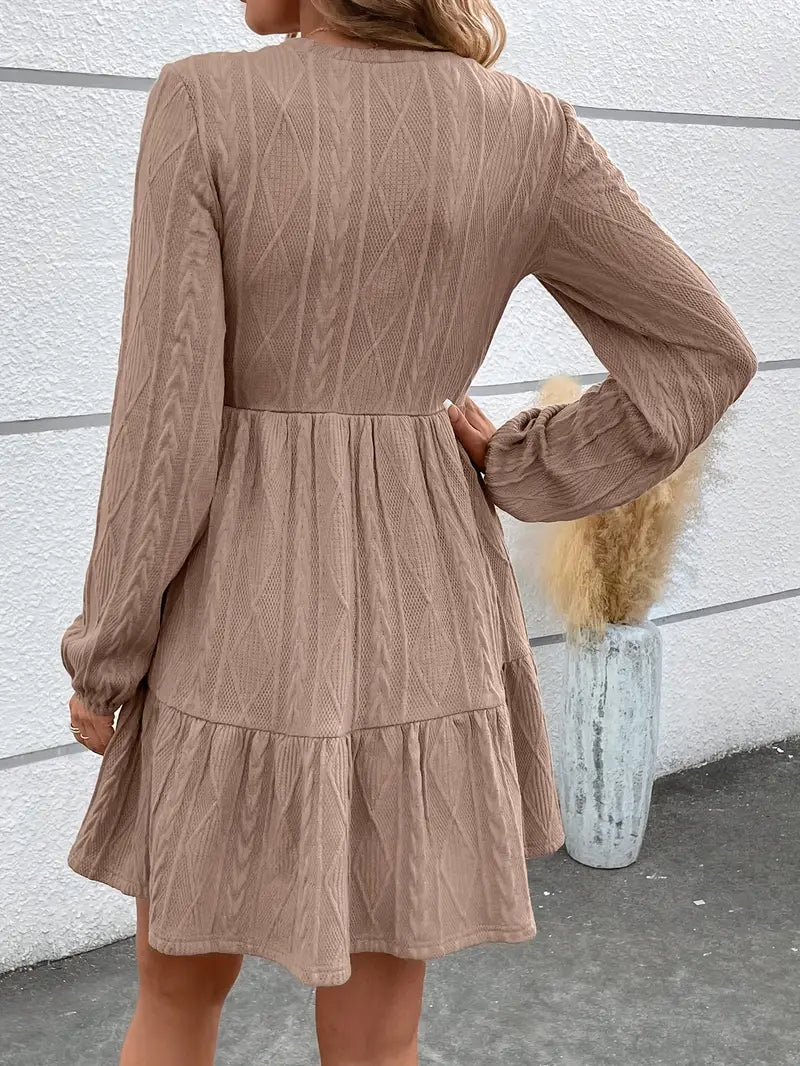 Abito da donna a manica lunga Linea A in maglia a cavi color kaki, elasticizzato