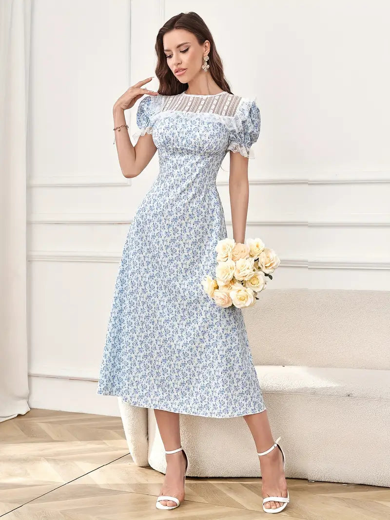 Abito stampato floreale con scollo rotondo in pizzo