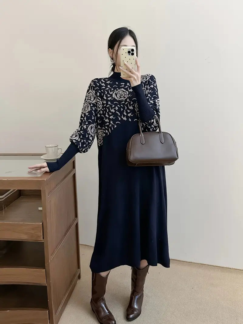 Inverno Vita alta Slimming Retro Spliced Midi Dress con stampa