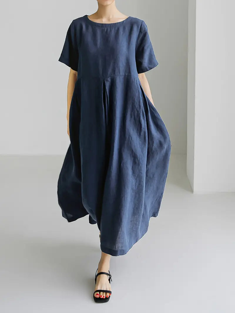 Abito midi in misto lino con tasche - manica corta a vita alta - moda estiva