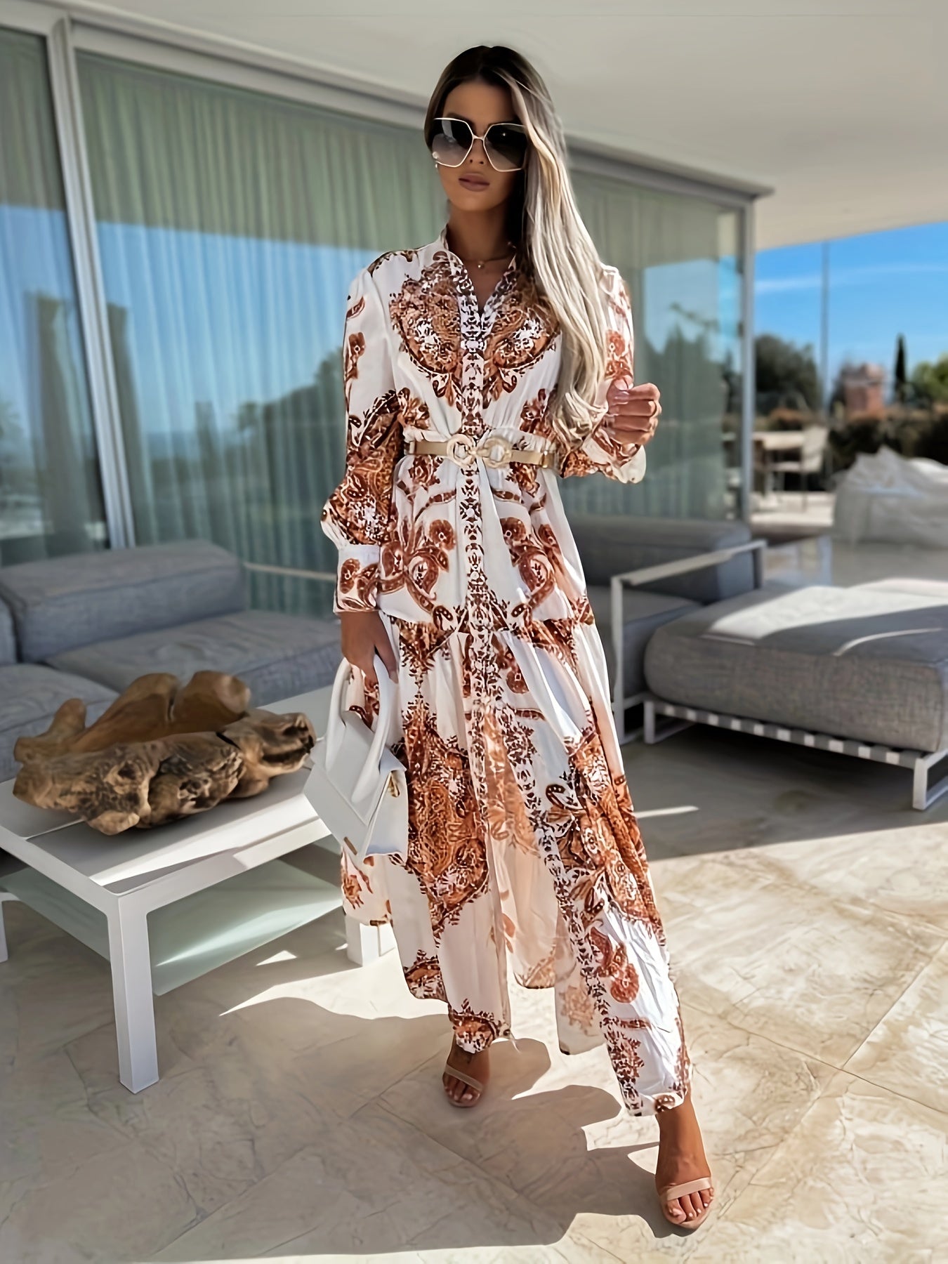 Maxi abito boho con scollo a V e maniche a lanterna, stampa pop