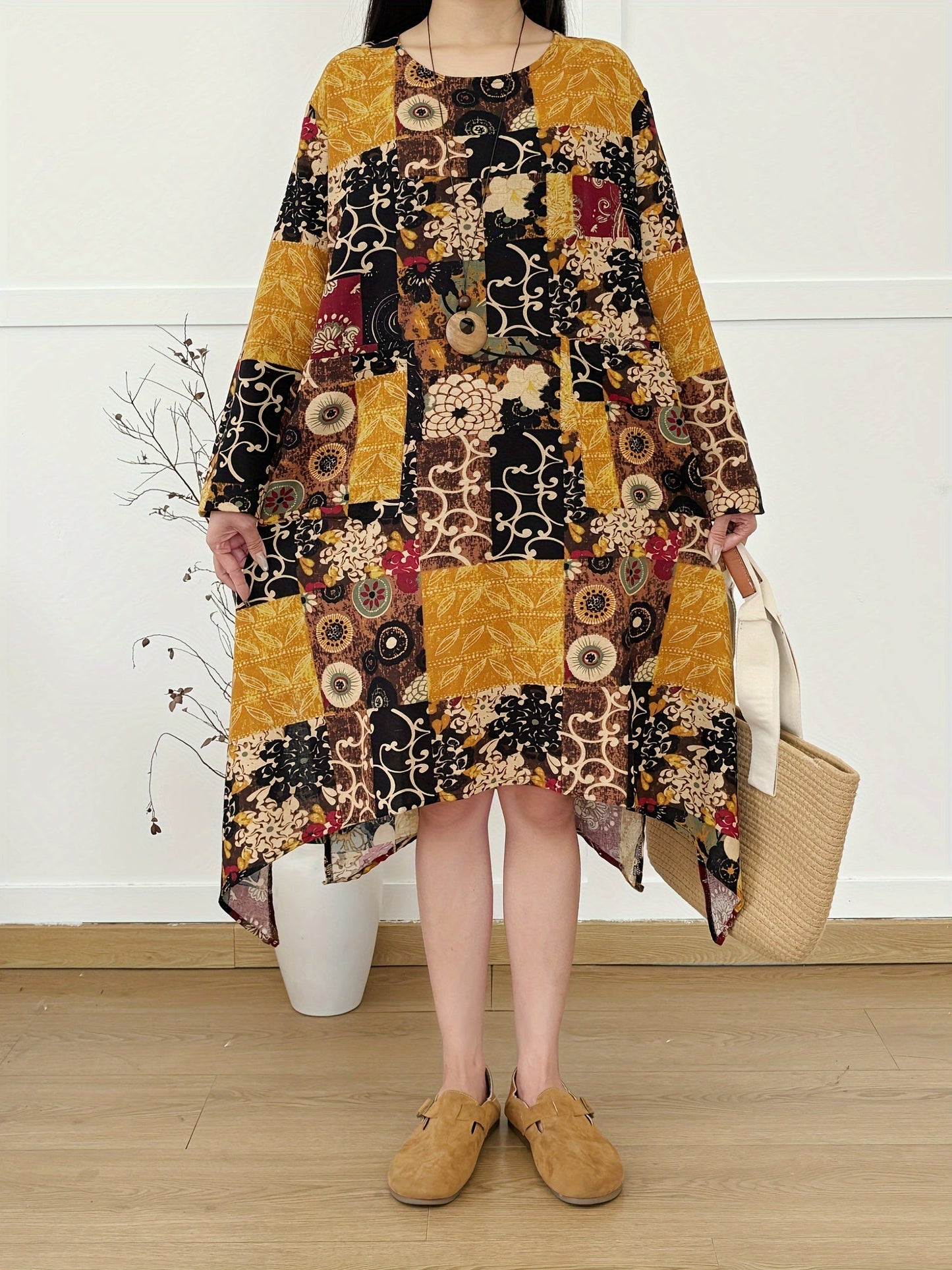 Abito boho a maniche lunghe in lino - stampa vintage, ampio e casual, collo rotondo, tasche