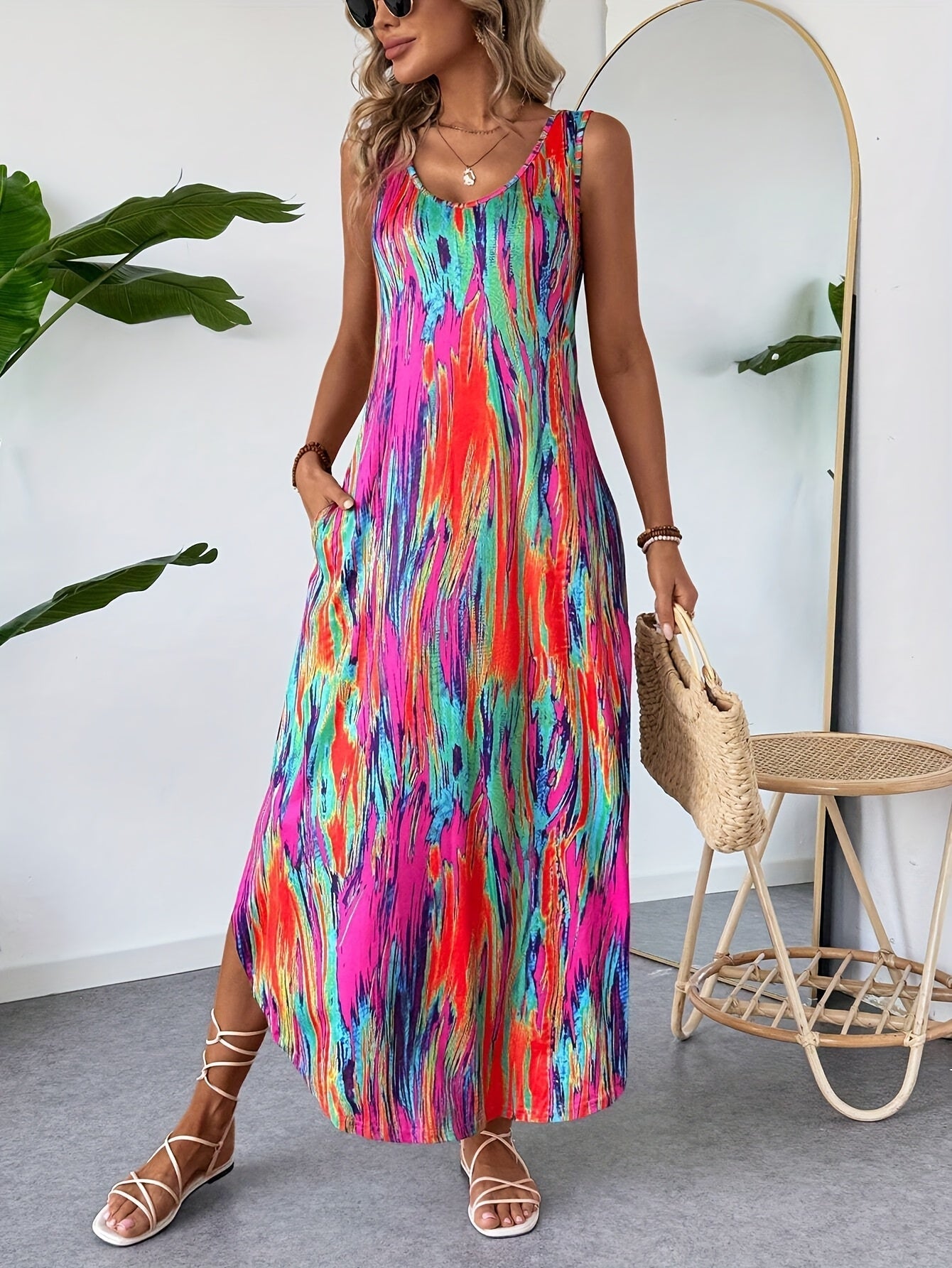 Abito estivo da donna stampato patchwork con scollo rotondo e senza maniche