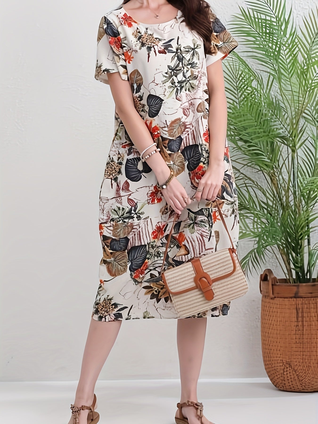 Abito a tunica in lino da donna - stampa floreale, arioso e con tasche per tutti i giorni e il tempo libero