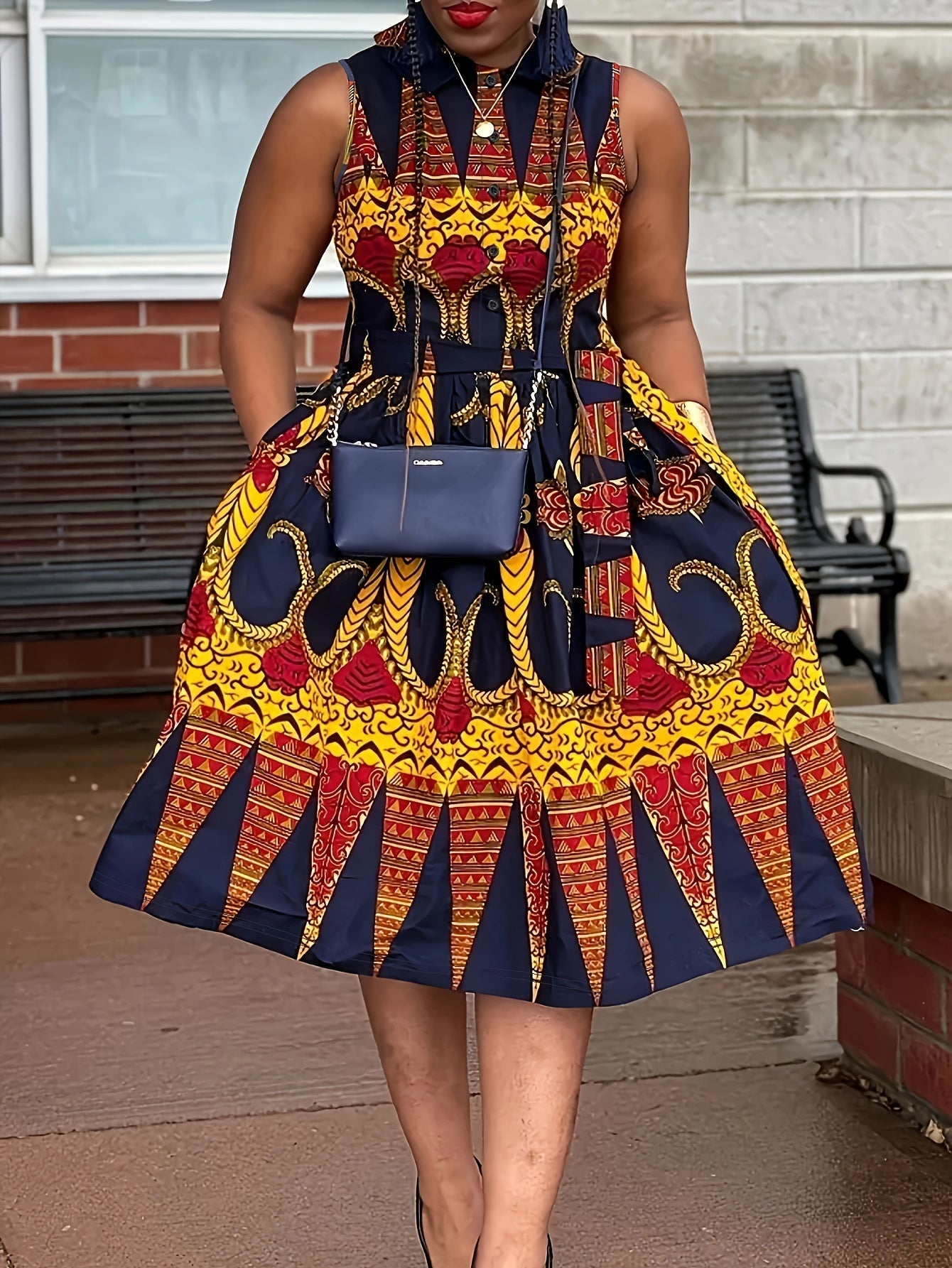 Abito floreale plus size da donna - abbottonatura, senza maniche, estate e vacanze