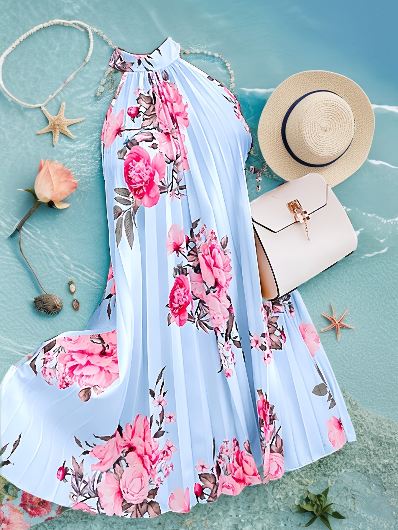 Abito floreale Donna Estate Elegante Abito senza maniche a collo alto