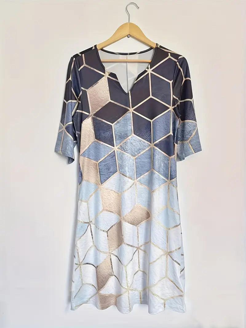 Elegante abito midi con blocchi di colore geometrici - Scollo a V