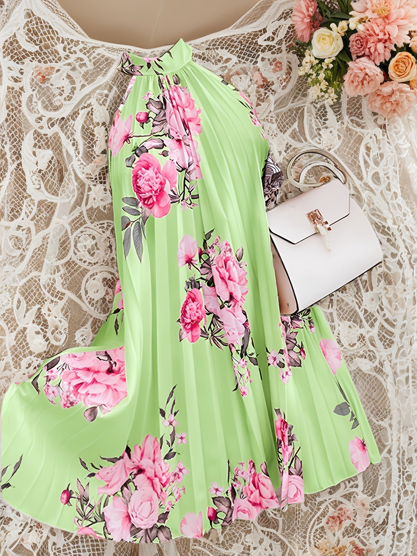 Abito floreale Donna Estate Elegante Abito senza maniche a collo alto