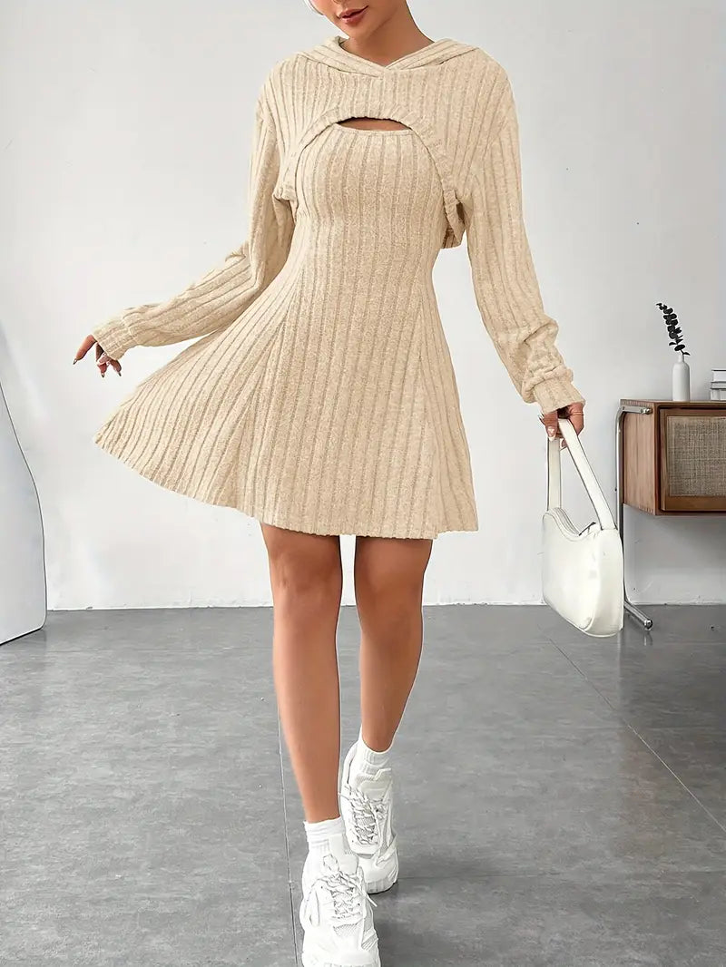 Completo con abito a coste da donna - Felpa con cappuccio a maniche lunghe e abito a trapezio