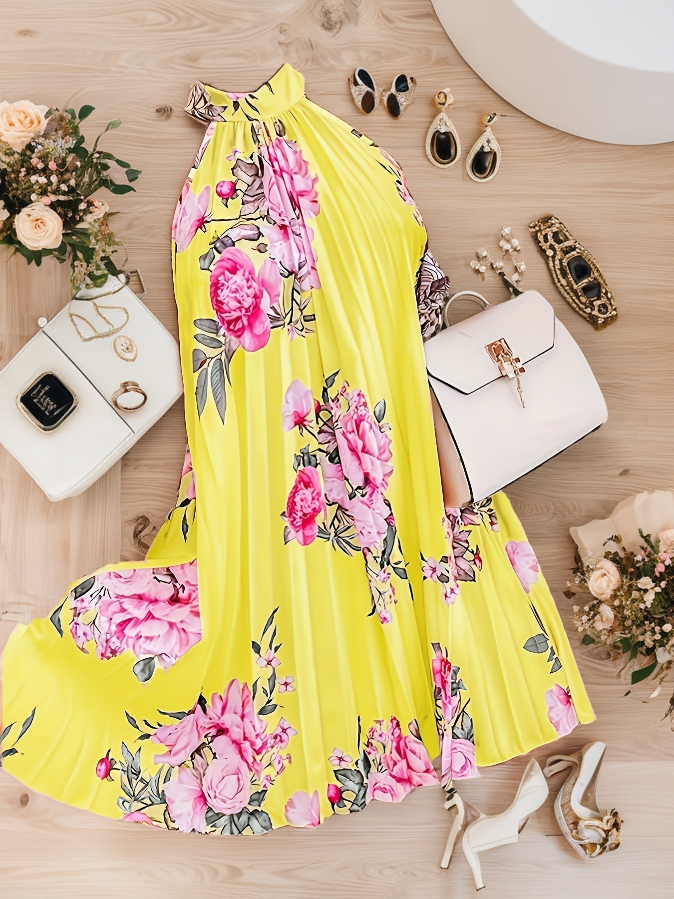 Abito floreale Donna Estate Elegante Abito senza maniche a collo alto