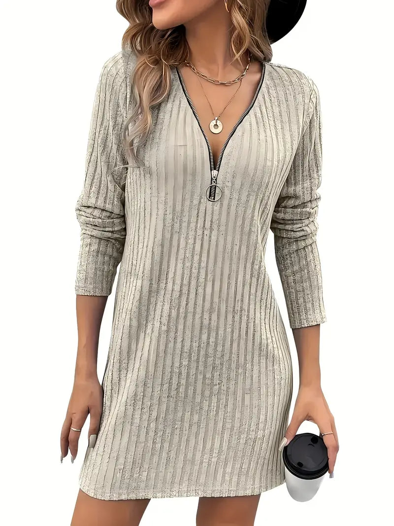 Abito elegante a maniche lunghe con cerniera in poliestere elasticizzato per donna