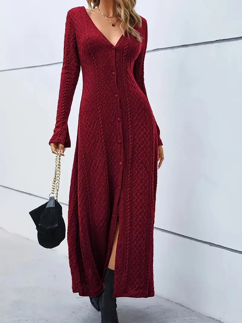 Maxi abito da donna con scollo a V e maniche lunghe con spacco laterale - motivo Paisley