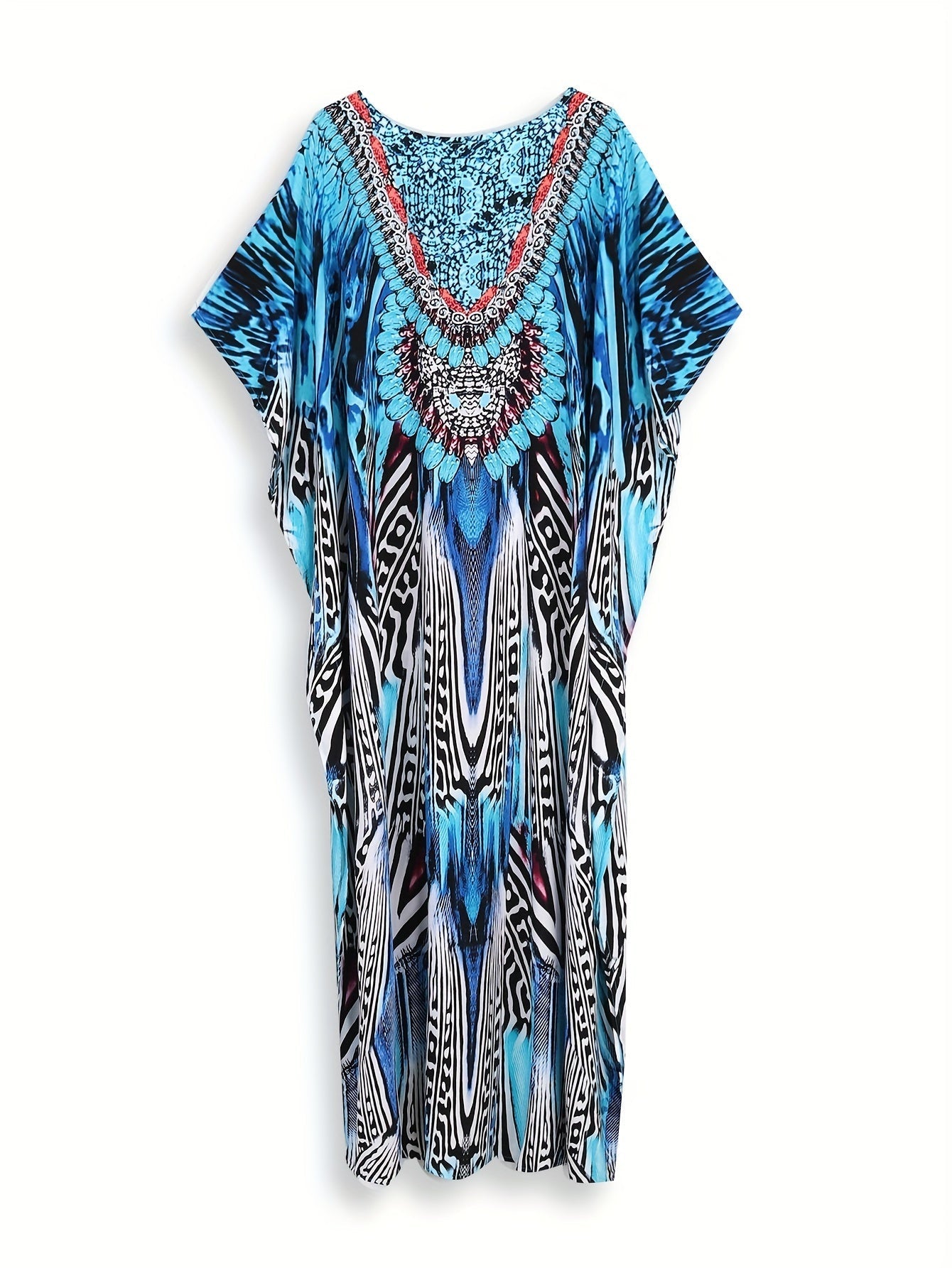 Abito caftano con scollo a V - Abito lungo floreale con maniche a pipistrello