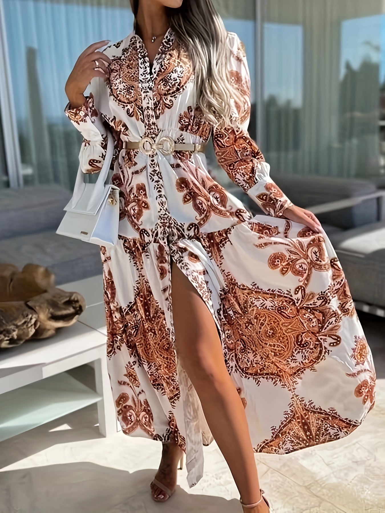 Maxi abito boho con scollo a V e maniche a lanterna, stampa pop