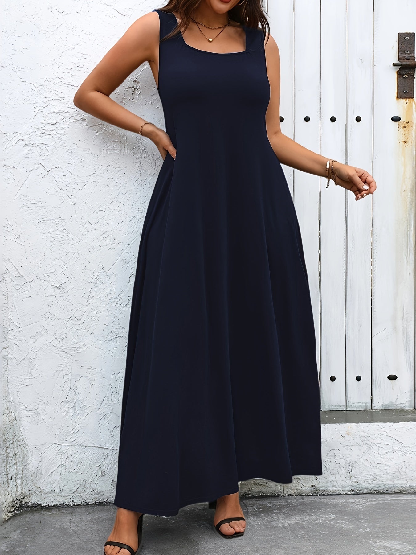 Maxi abito casual oversize senza maniche, abito a canottiera in maglia