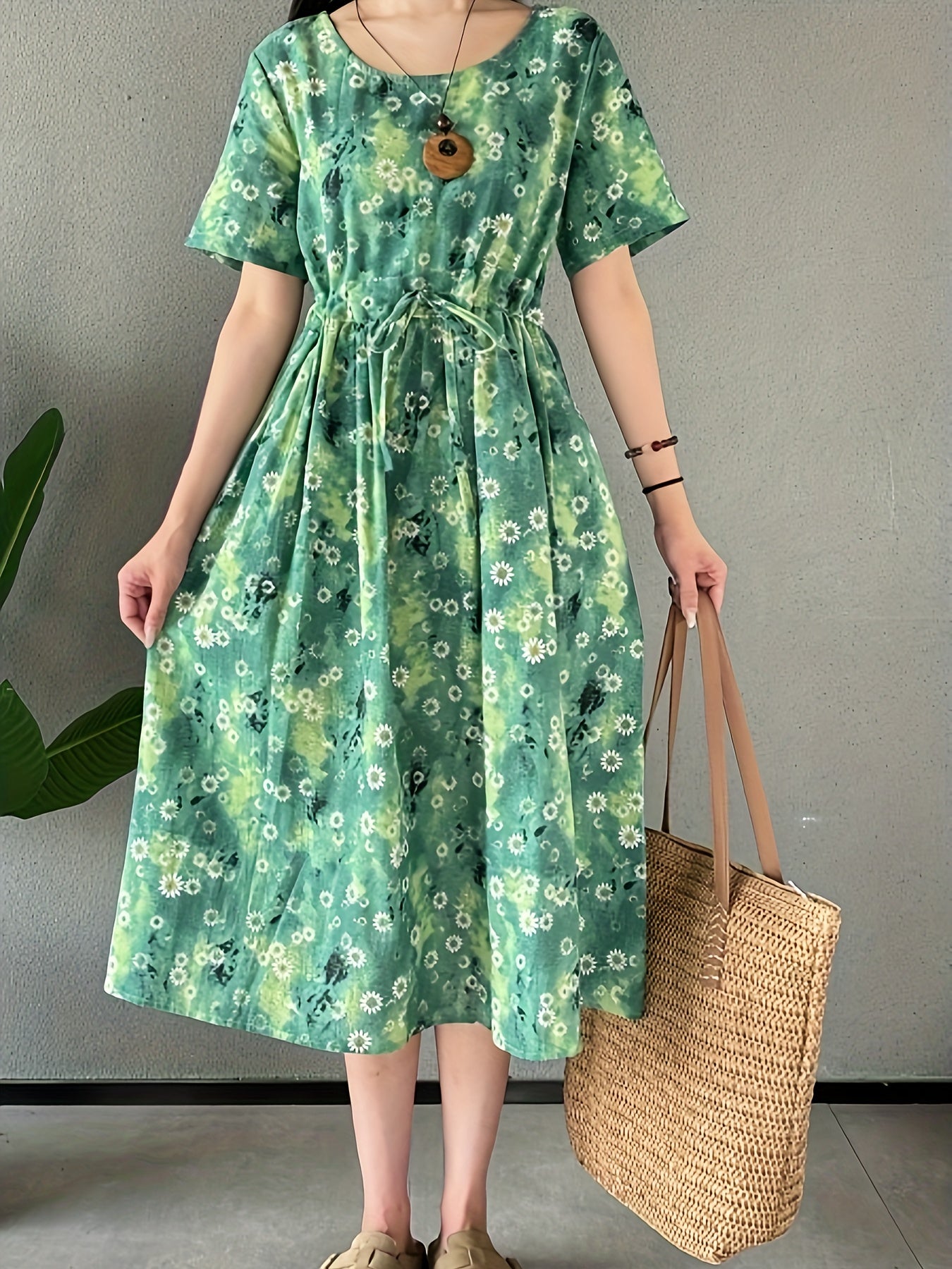 Abito da donna in lino - stampa floreale, scollo rotondo, tasche e comodo abito estivo da indossare tutti i giorni