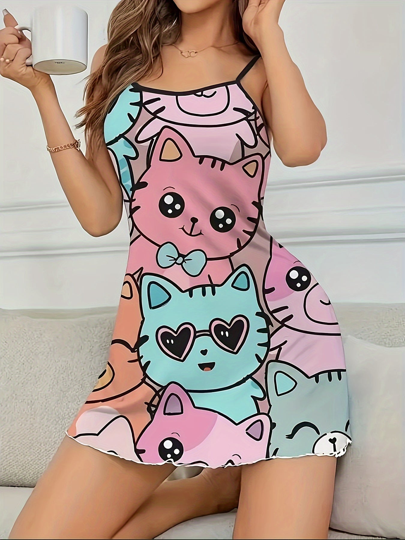 Abito estivo senza spalline - Abito arioso con cinturino a spaghetti e stampa a cartoni animati