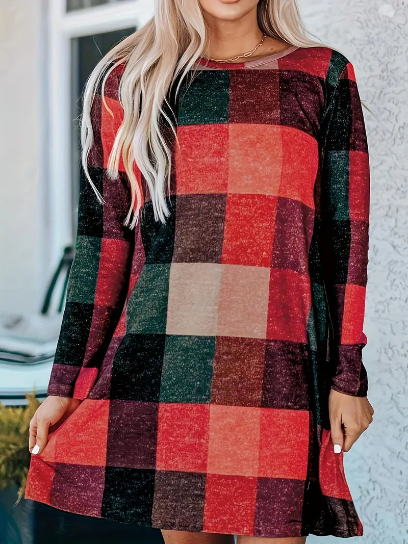 Mini abito casual a quadri con scollo tondo e maniche lunghe