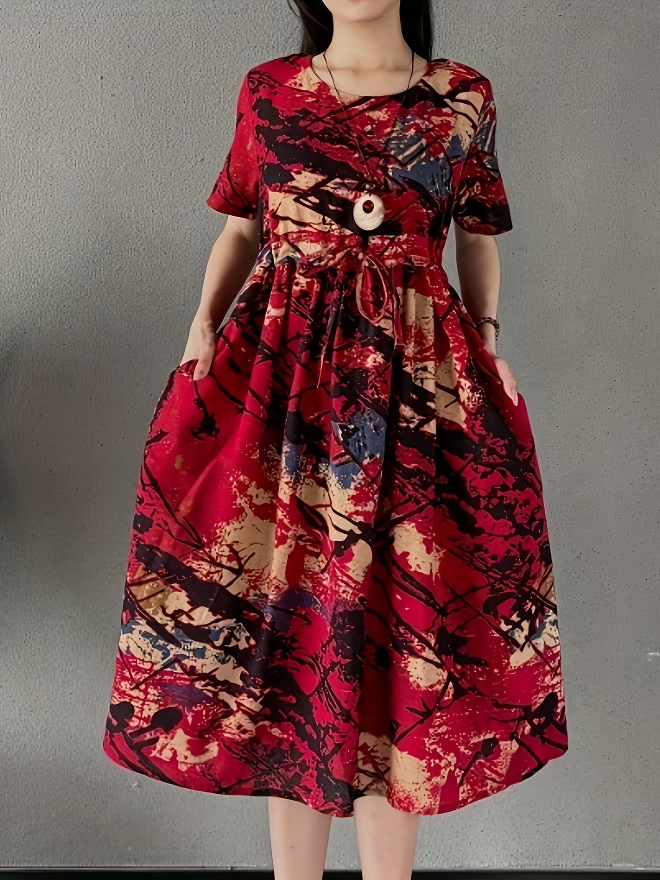 Abito estivo da donna in lino - Elegante linea ad A, collo rotondo, arioso e confortevole per l'abbigliamento quotidiano e il tempo libero