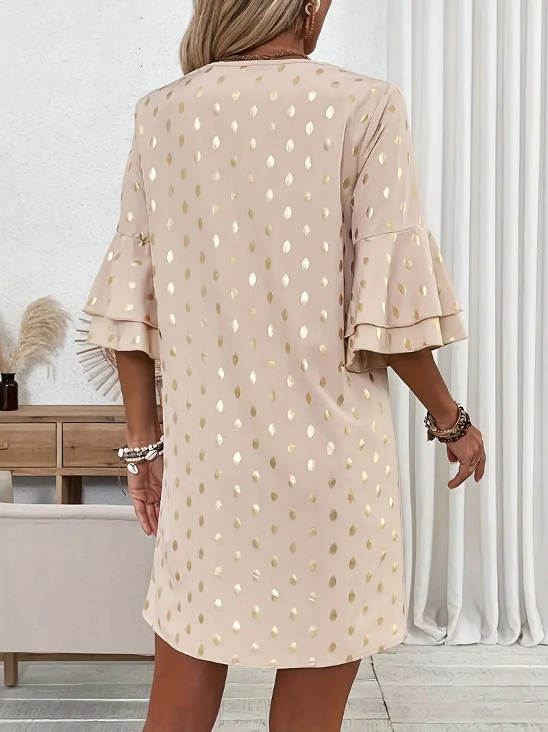 Abito da donna con scollo a V e maniche a cappuccio, stampato, a trapezio, in poliestere