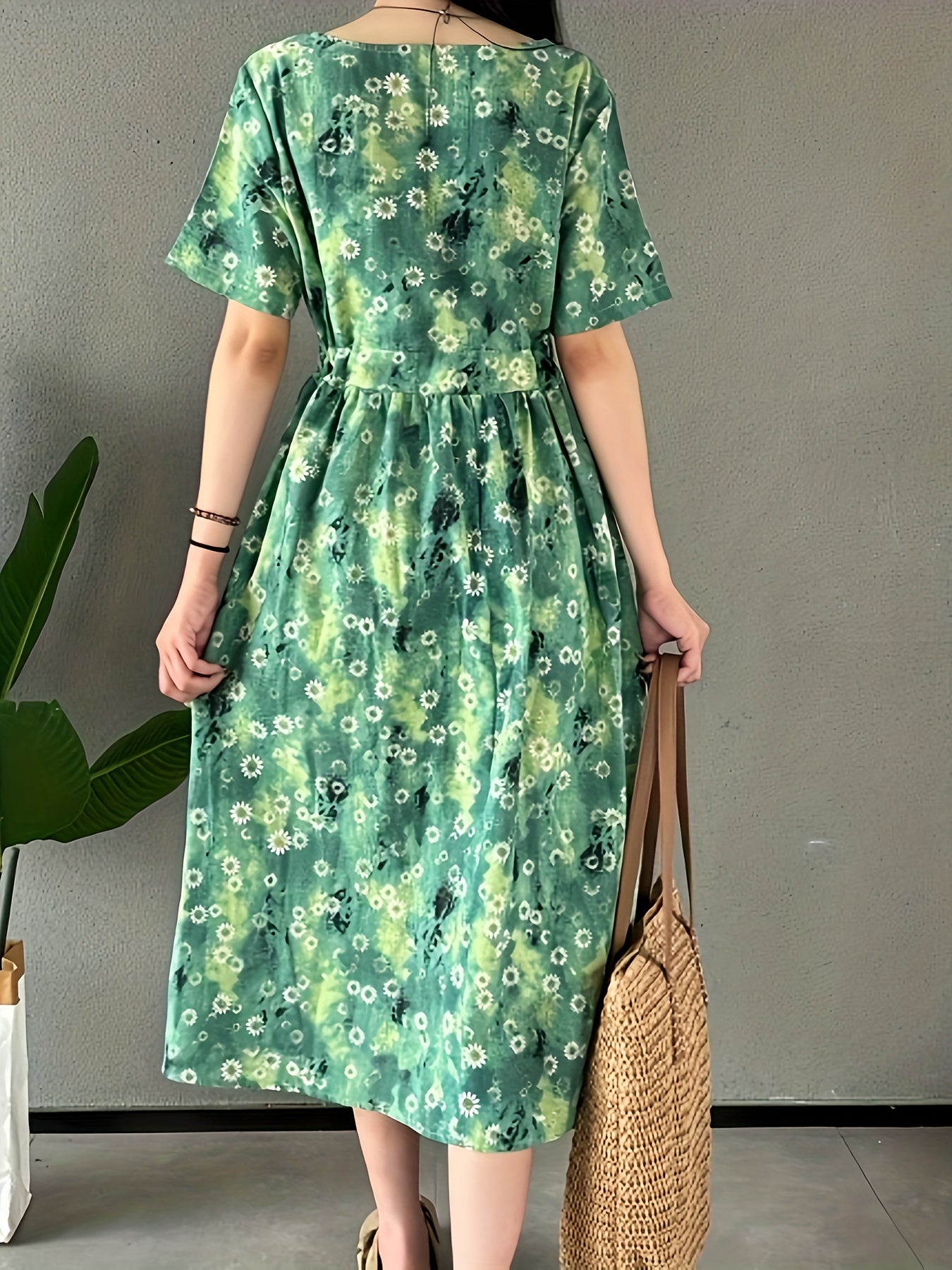 Abito da donna in lino - stampa floreale, scollo rotondo, tasche e comodo abito estivo da indossare tutti i giorni