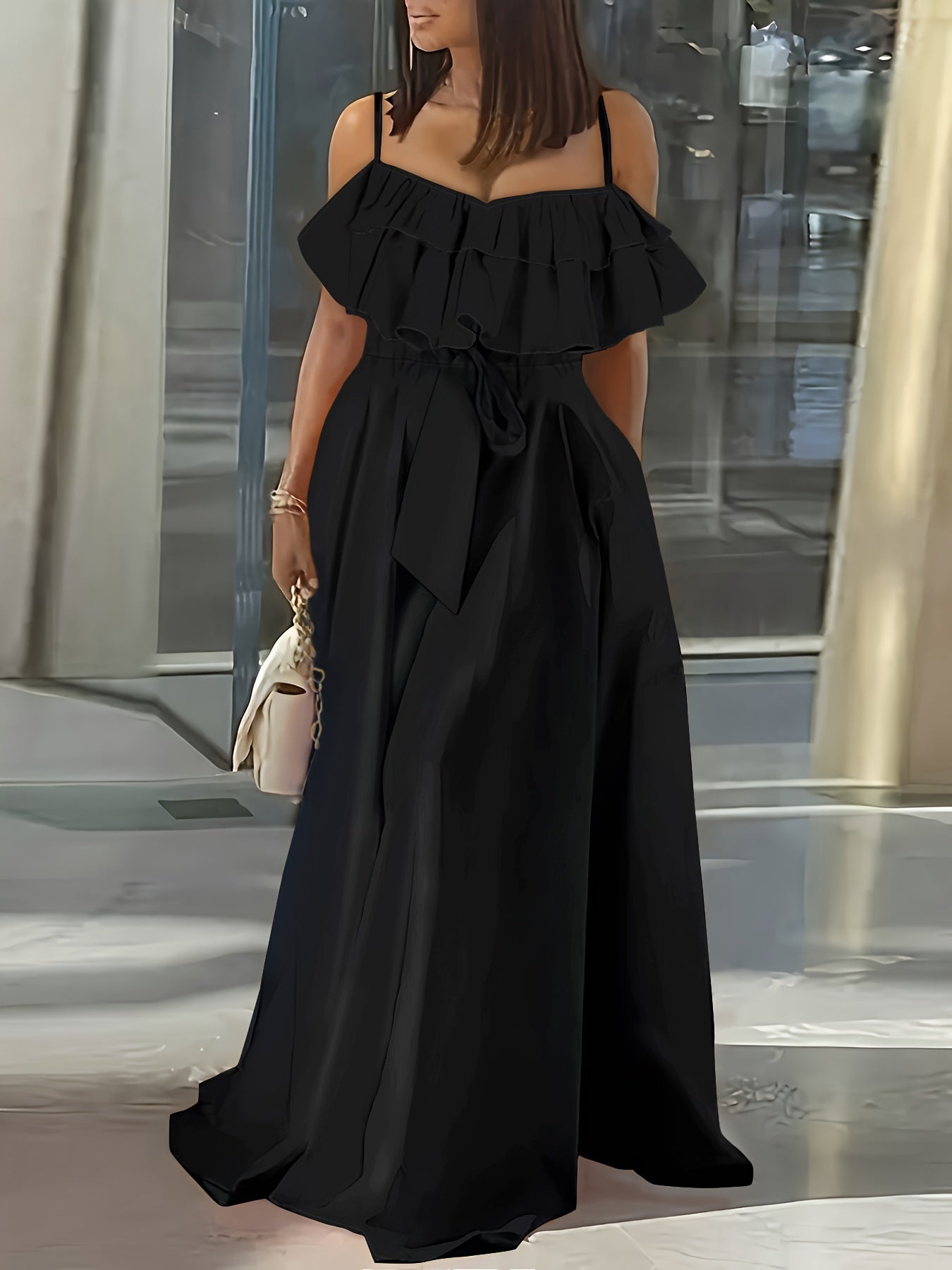 Maxi abito da donna - Abito estivo senza maniche con volant e vita a cravatta