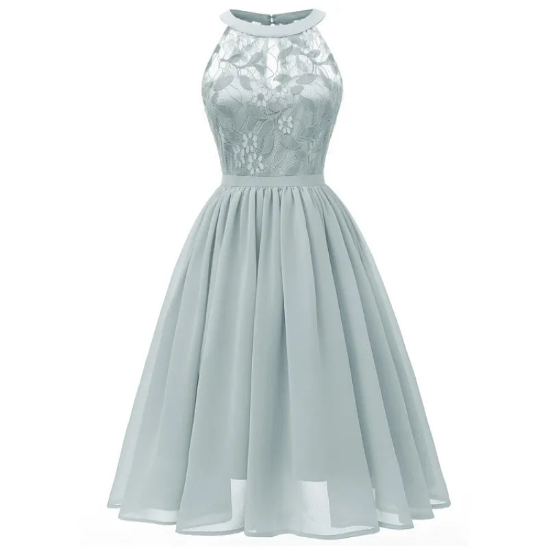 Abito a trapezio in chiffon con pizzo e volant