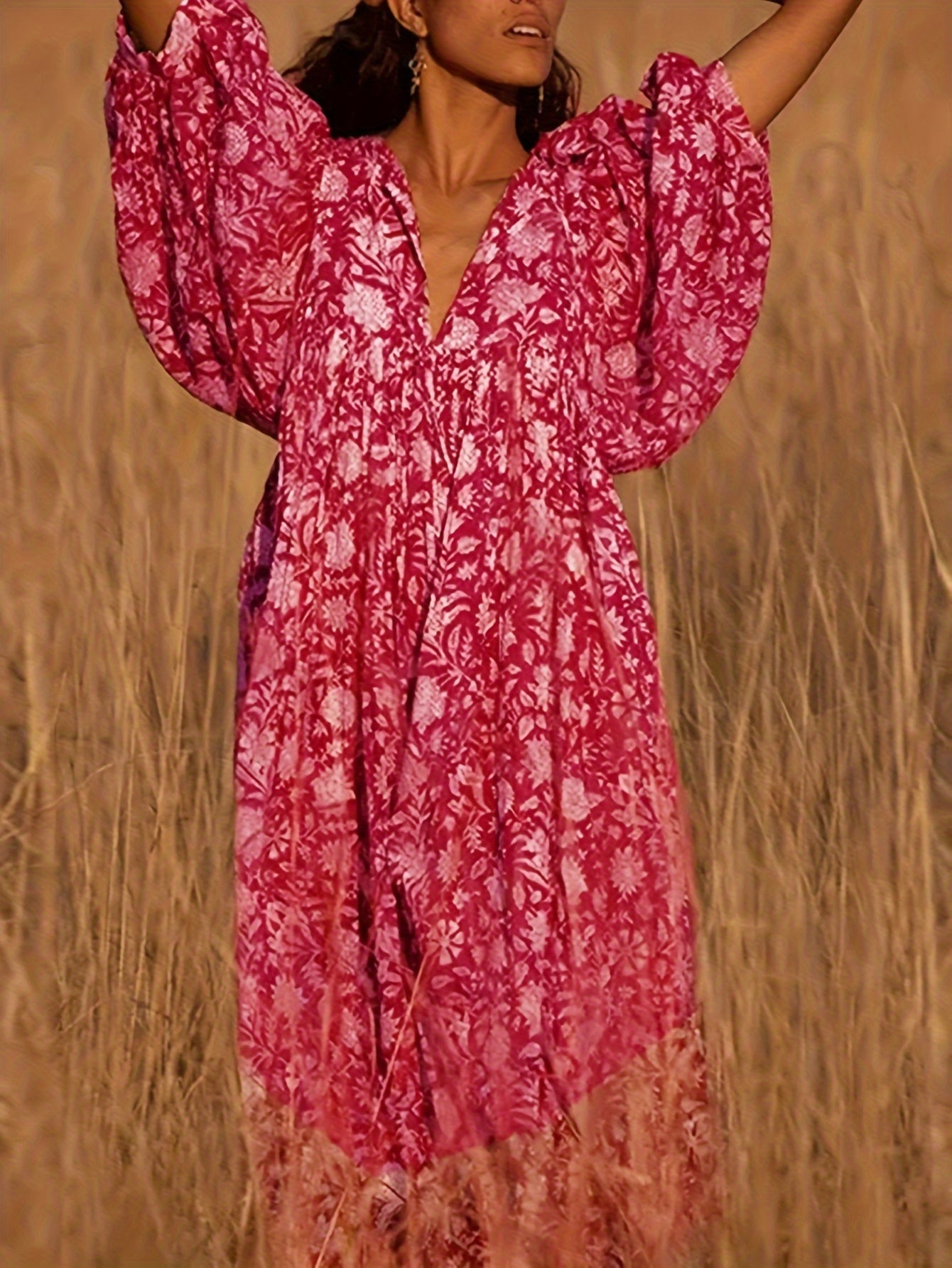 Abito floreale con scollo a V - Abito estivo arioso con maniche a lanterna