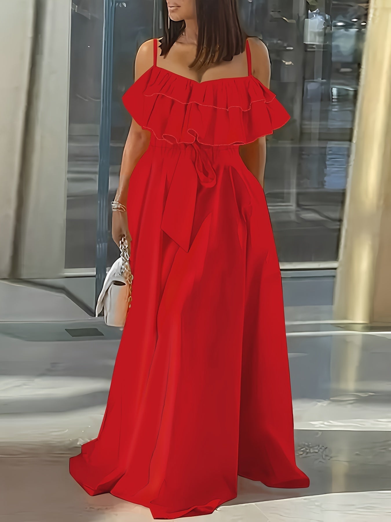 Maxi abito da donna - Abito estivo senza maniche con volant e vita a cravatta