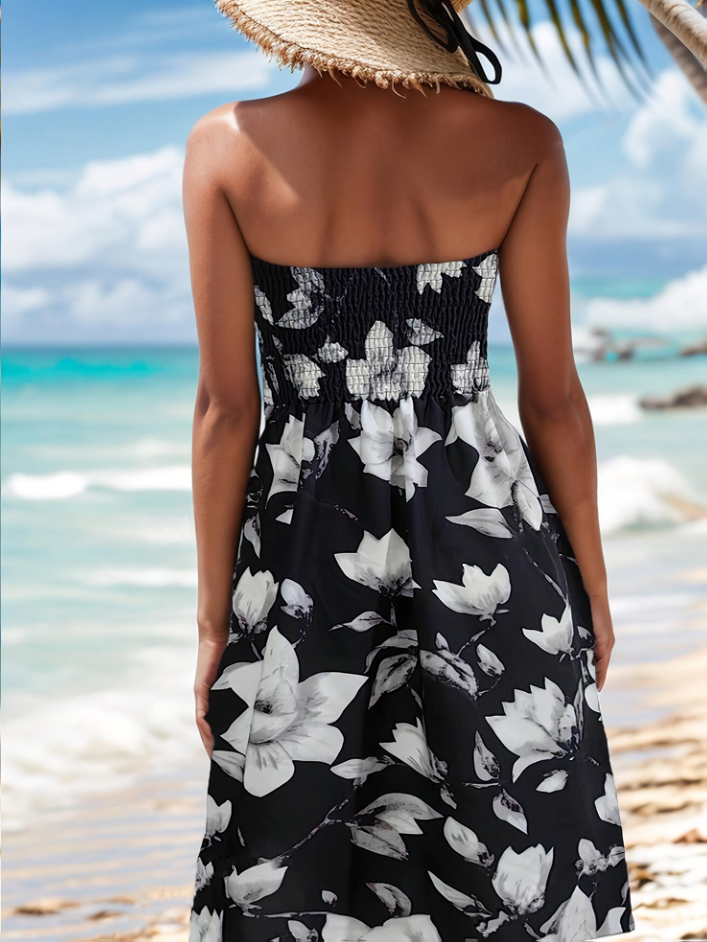 Abito elegante a tuba senza spalline e senza maniche con motivo floreale