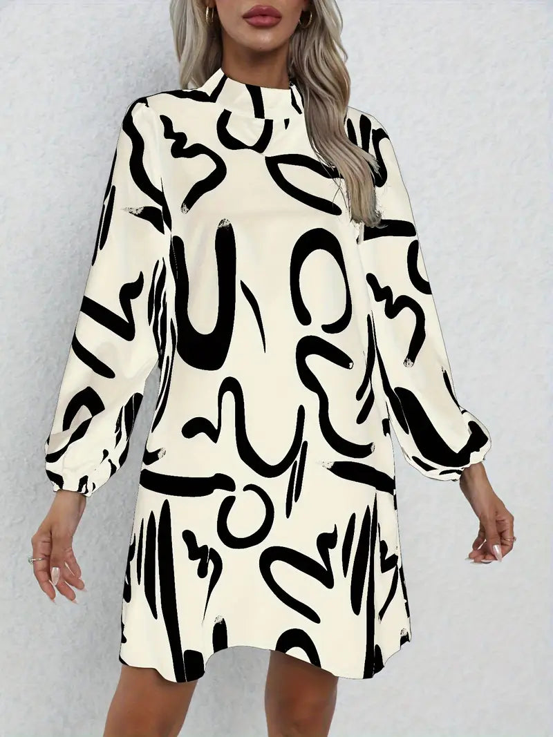 Abito elegante a maniche lunghe con stampa astratta, inverno e autunno