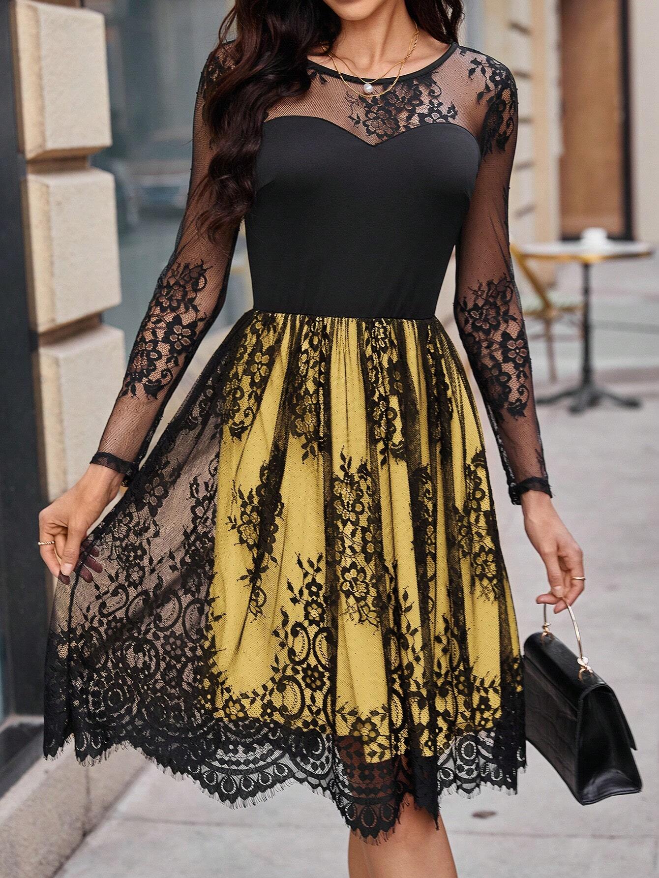 Abito patchwork con cintura in pizzo