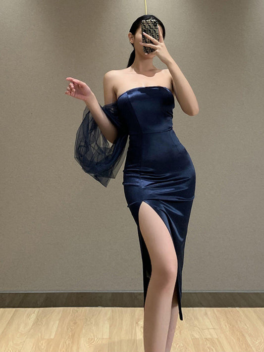 Elegante abito intero in raso con parte delle spalle e cut-out sulla schiena - Abito da sera da donna