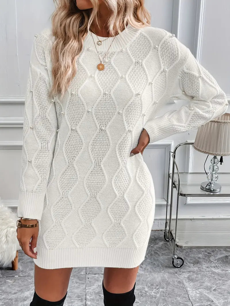 Abito in maglia a maniche lunghe con motivo geo e perline