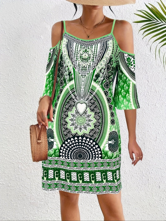 Abito da spiaggia a spalla fredda in stile boho con spalline e maniche a sbuffo