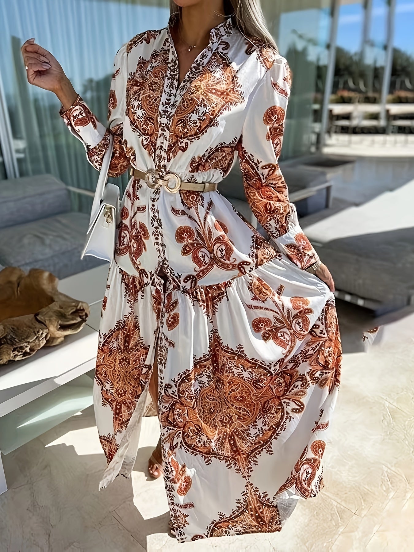 Maxi abito boho con scollo a V e maniche a lanterna, stampa pop