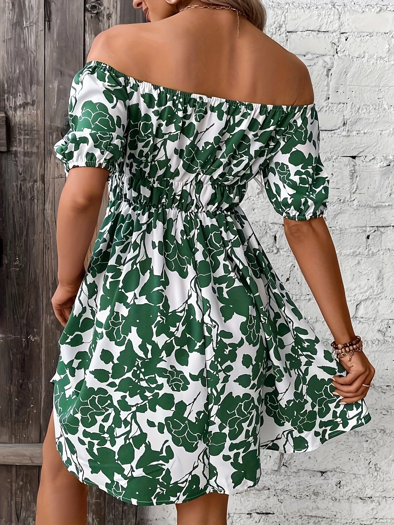 Abito da donna con stampa di foglie, linea ad A, senza spalline