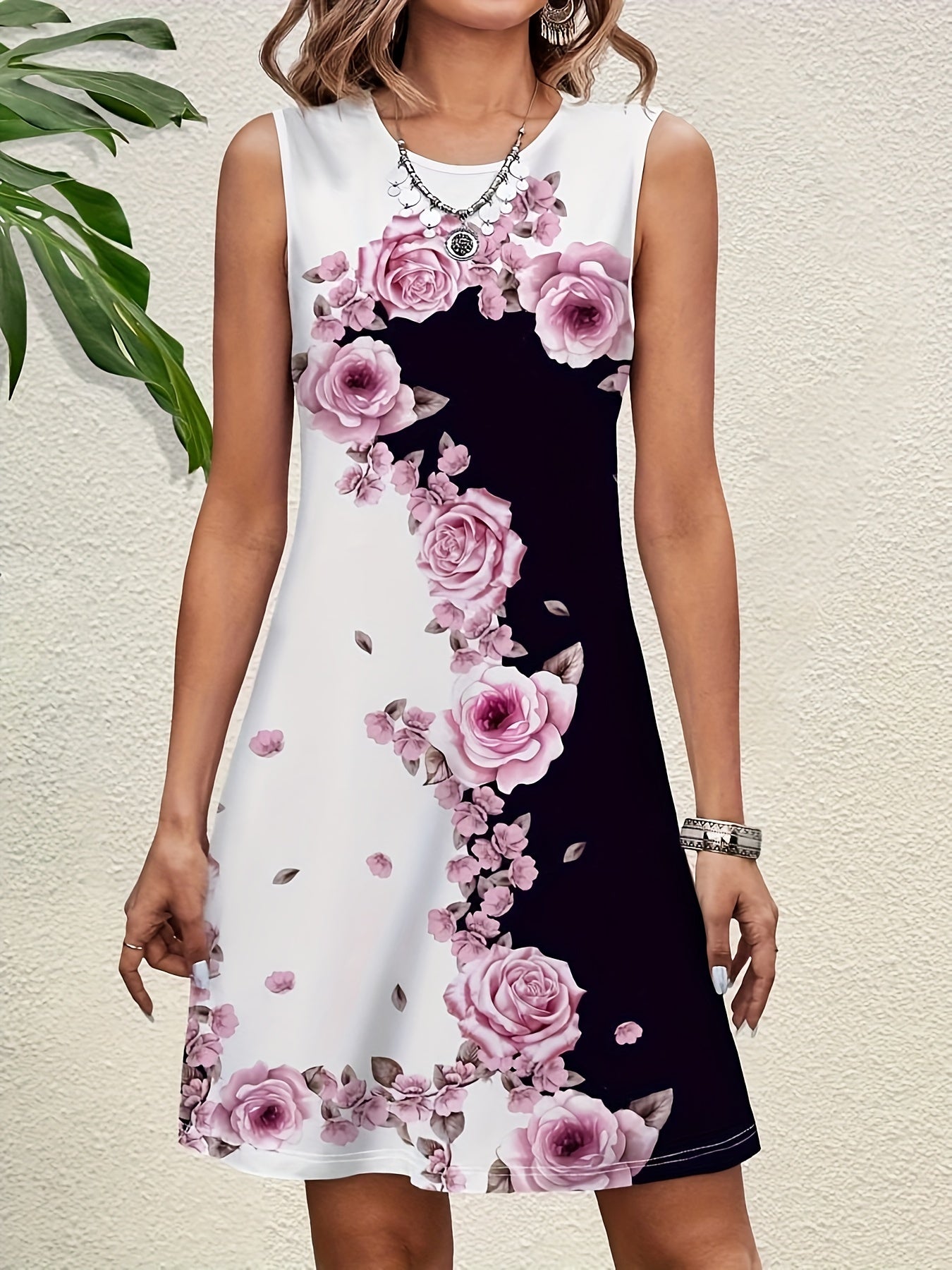 Abito floreale senza maniche - collo rotondo, arioso ed elegante, ideale per la primavera e l'estate