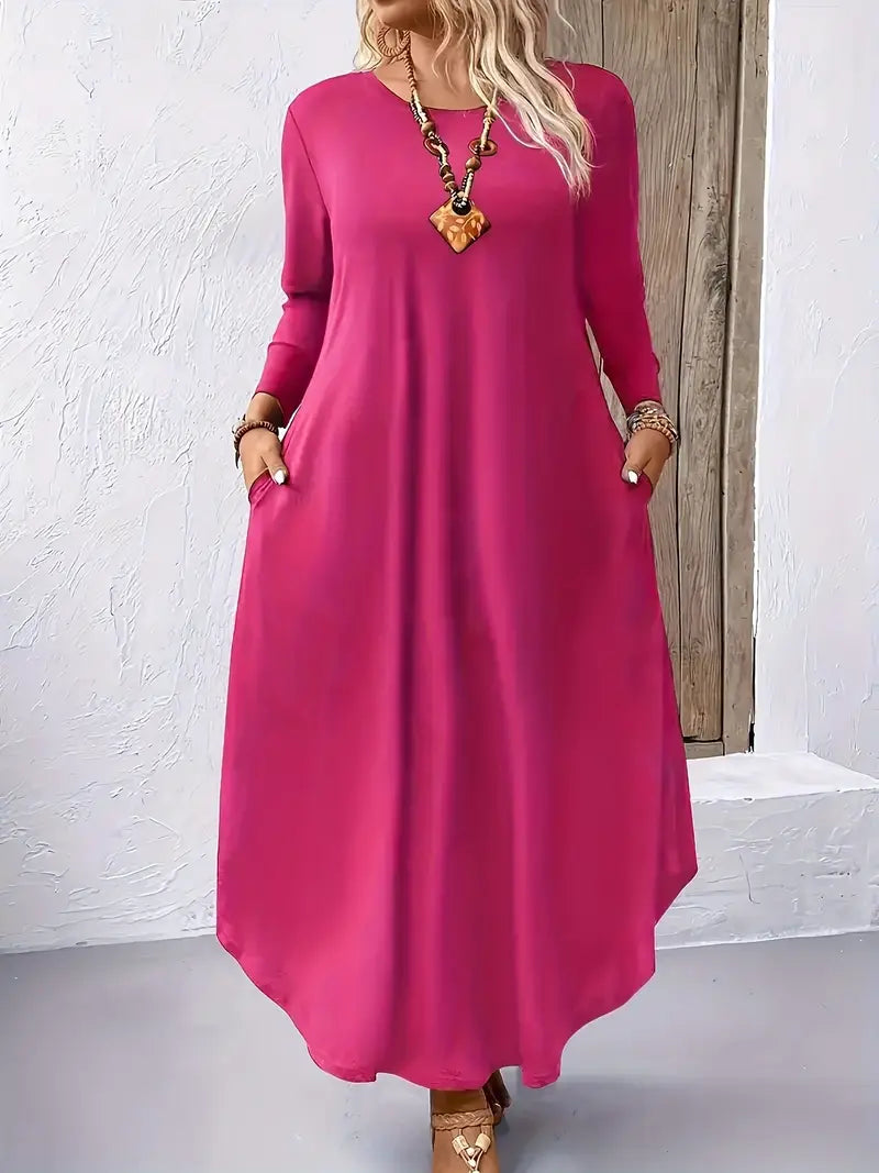 Abito da donna a maniche lunghe taglie forti, abito casual con scollo a giro e maniche lunghe